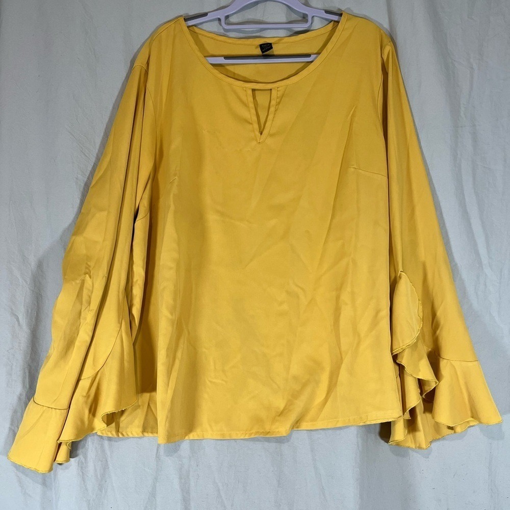 Shein Curve Womens 2XL Mustard‎ Yellow Ruffle Bell Sleeve Keyhole Blouse Top